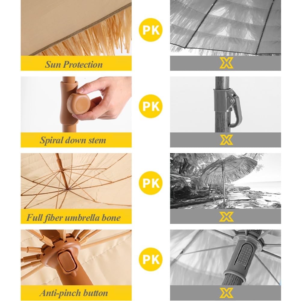 Tiki Parasol tarasowy 2,1 m / 2,4 m, ochrona przed promieniowaniem UV, na zewnątrz, hawajska słomka, pochylany przenośny, z torbą do przenoszenia, haczykiem i żelaznym drążkiem środkowym