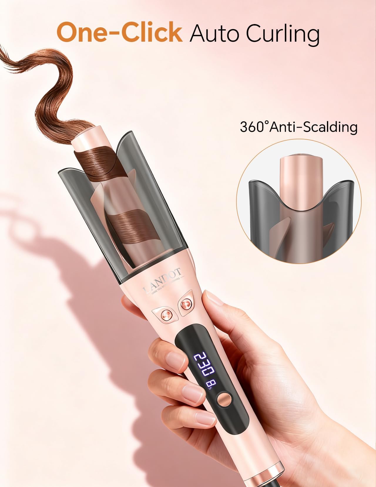 LANDOT Boucleur à Cheveux Automatique 25mm – Ondulations Beach Waves Faciles, 8 Températures 150-220°C et Rotation Double pour des Boucles Parfaites. Idéal Cadeau Femmes (Roségold)