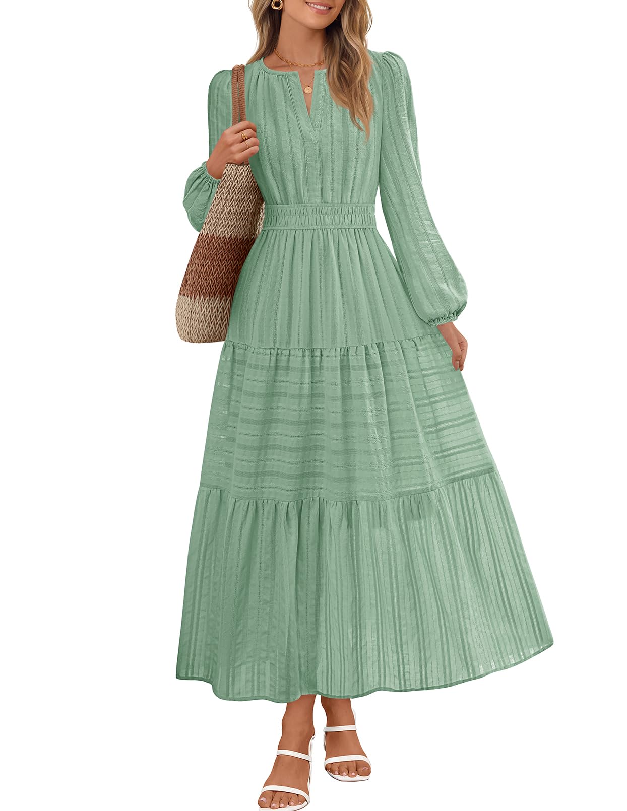 MEROKEETY Fall Dresses for Women 2025 Long Sleeve Casual V Neck Tiered Cotton Midi Maxi Dress Pockets, Sage, L
