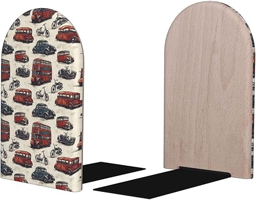 Book Ends for Shelves 1 Pair - Vintage Car Print Wood with Metal Base Bookends for Heavy Books, Book Stand Organizer Holder for Books Movies Cds for