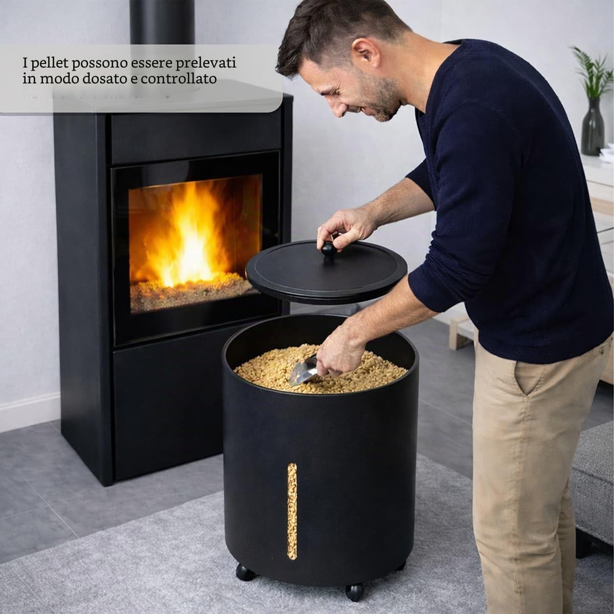 MS Beschläge Contenitore per pellet con rotelle, rotondo, ø 38 cm, nero, rivestito in metallo, altezza 50 cm