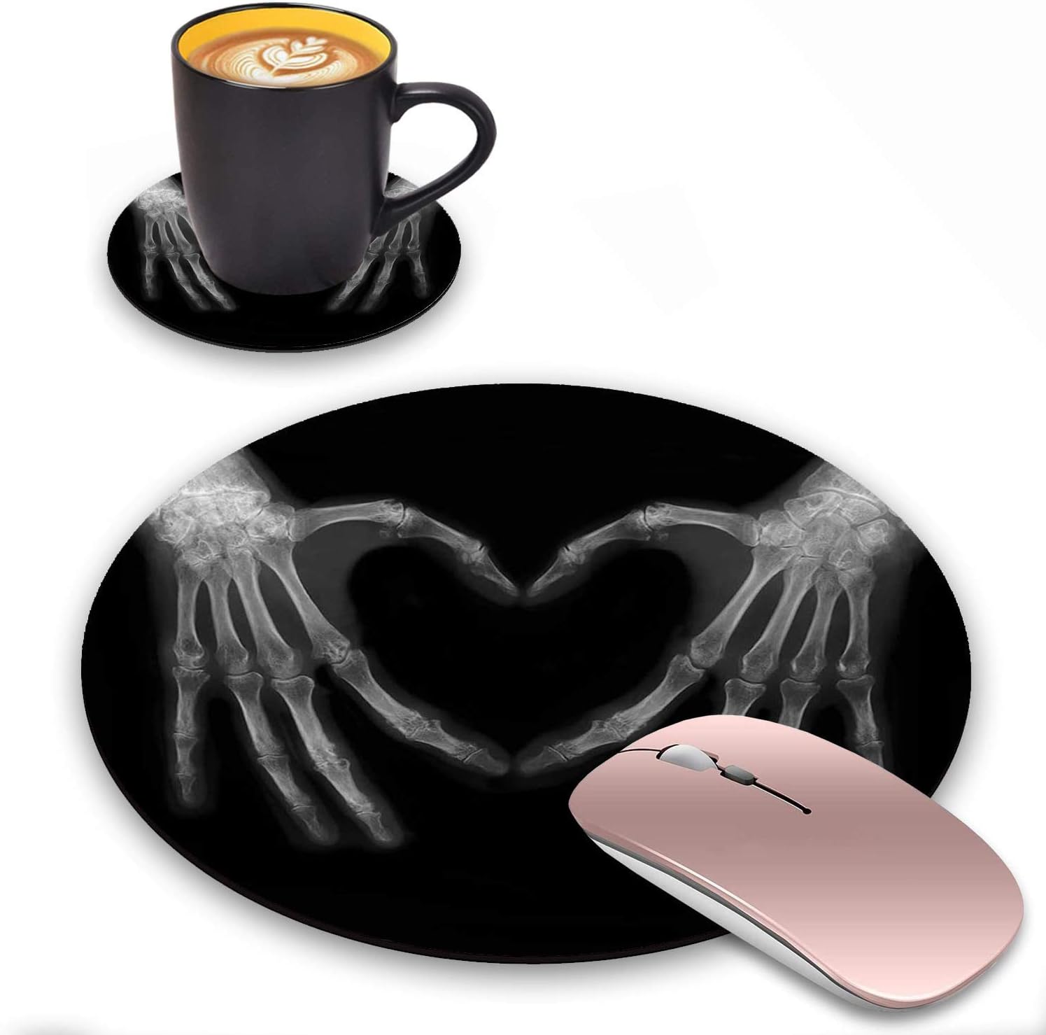 Round Mouse Pad and Coasters Set, Xray Bones of Hands Making The Sign Love Heart Design Mouse Pad, Non-Slip Rubber Base Mouse Pads for Laptop and Computer, Cute Design Desk Accessories