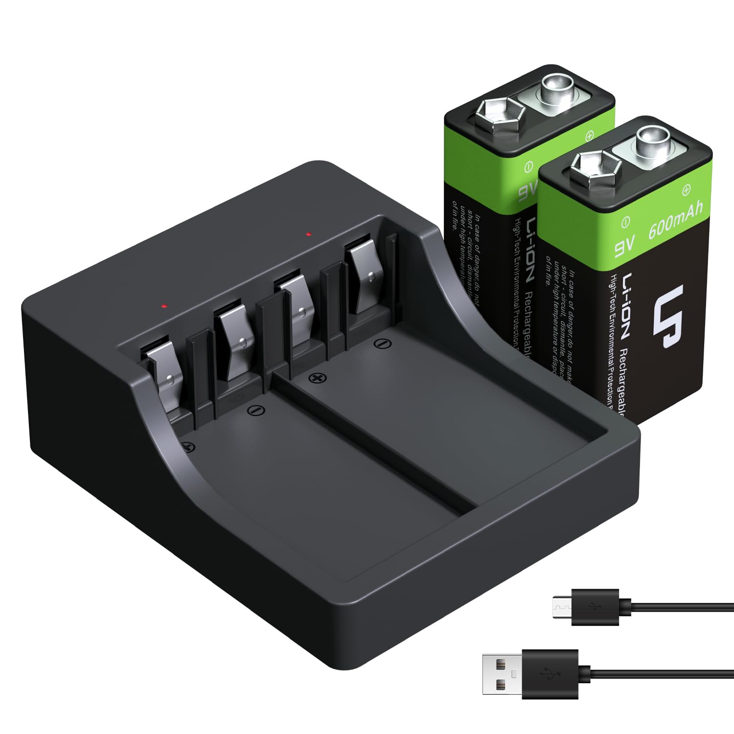 LP 9V Rechargeable Batteries with Charging Station - 2 Pack 600mah Long Lasting 9 Volt Lion Batteries - Compatible with Wireless Microphones,