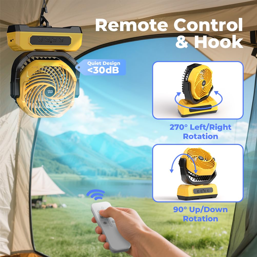 Ventilatore da campeggio portatile da 30000 mAh con lanterna RGB, alimentato a batteria ricaricabile, display a LED oscillante a 4 velocità del vento, timer con telecomando, tenda da spiaggia, ventole