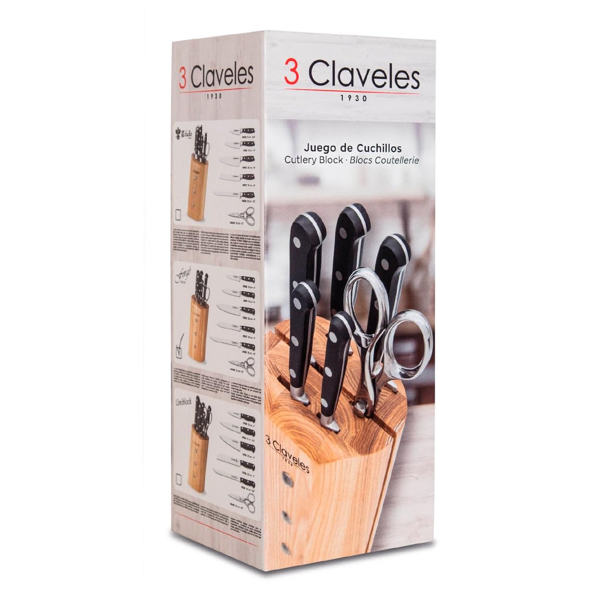 3 Claveles Juego Cocina, Madera,Acero Inoxidable, 5 Cuchillos Ash Toledo + 1 Tijera Star, 1637