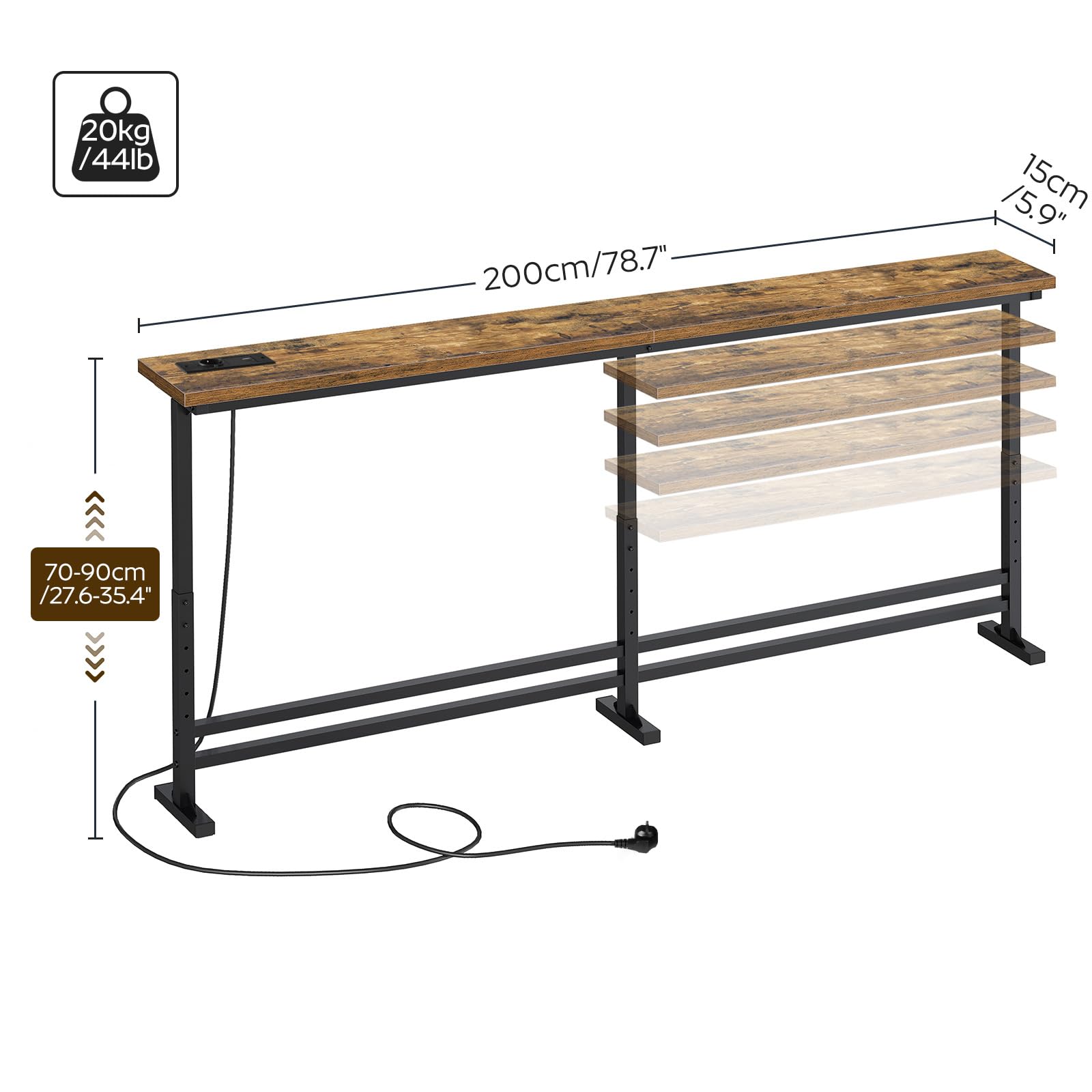 YATINEY Wąski stolik konsolowy, wąski stolik do przedpokoju, 200 cm długości, 1 gniazdo AC, 1 gniazdo USB-A, 1 gniazdo typu C, do salonu, przedpokoju, vintage brązowo-czarny XCT09CBR