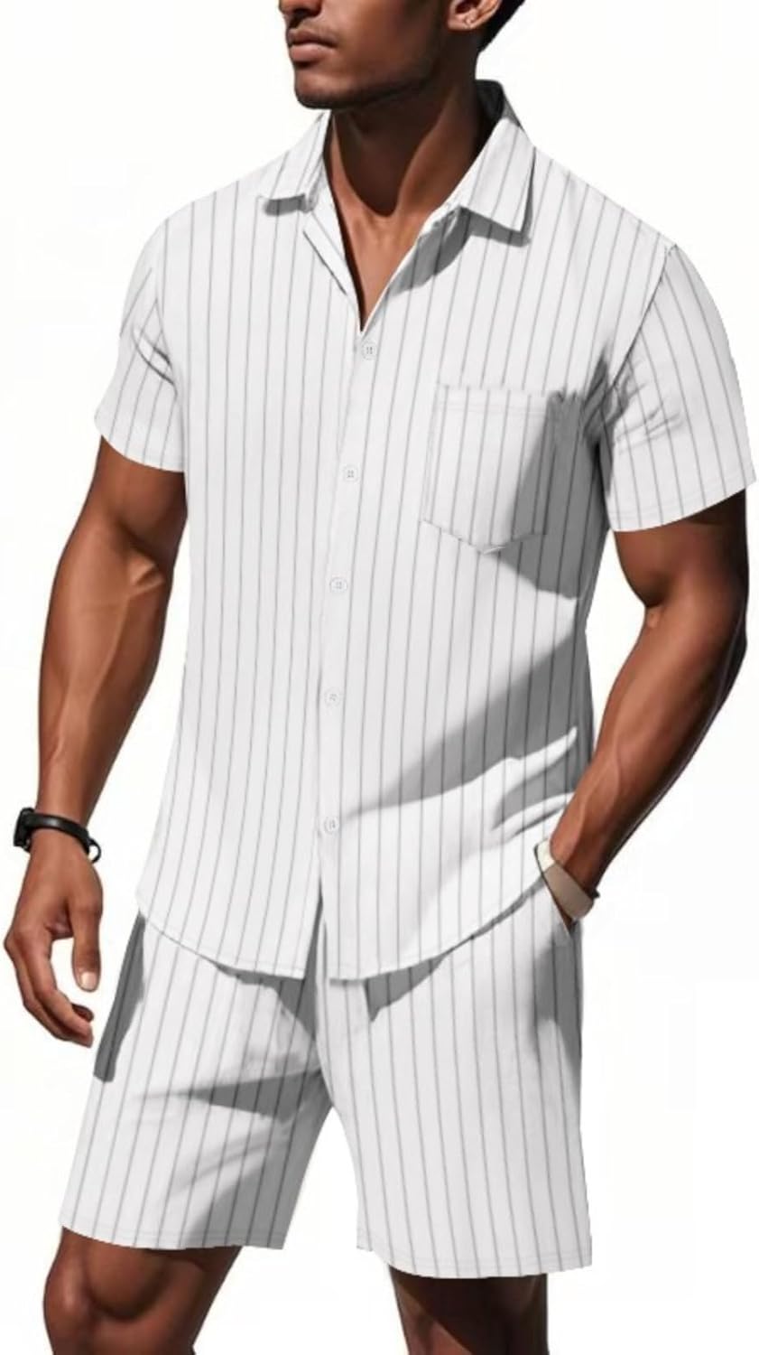 Men's Casual Linen Suits 2 Piece Outfits Summer Beach Vacation Short Sleeve Button Down Shirt and Shorts