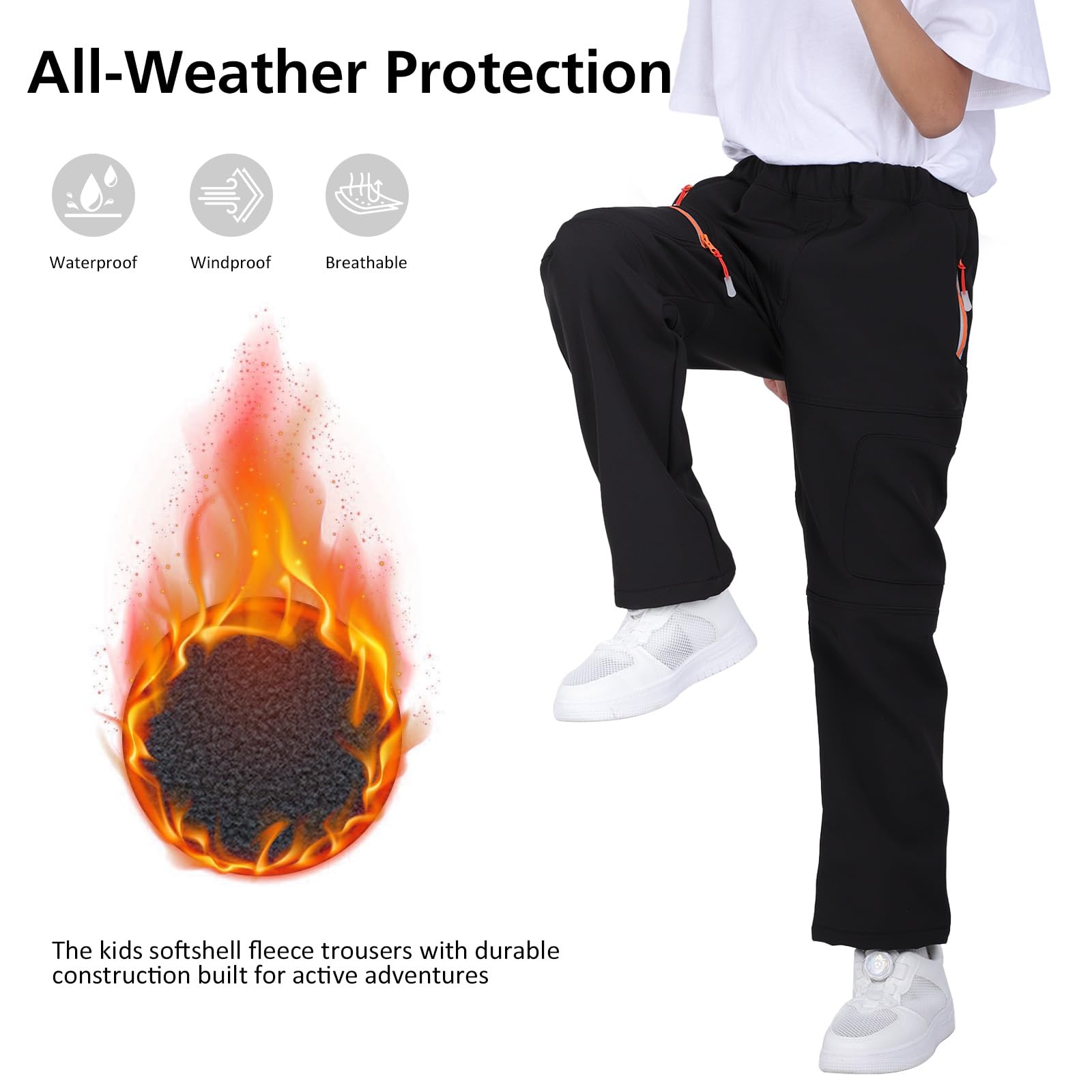 BWBIKE Kids Pantalones Cortavientos Impermeables para Nieve para Niño Forro Polar para Jóvenes al Aire Libre Lind Hiking Softshell Pantalones Cálidos con Aislamiento con 4 Bolsillos con Cremallera