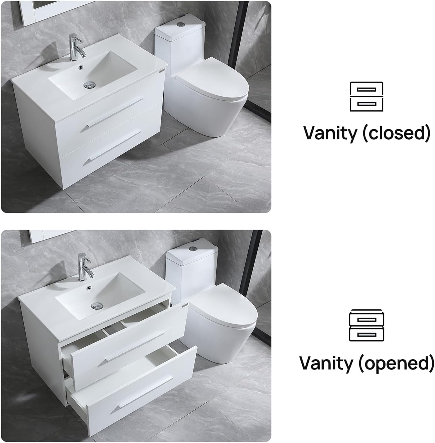 32" Floating Bathroom Vanity Cabinet with Sink & Mirror & Faucet & Drain & Countertop Combo Wall Mounted Bathroom Vanity with Two Drawers White Modern