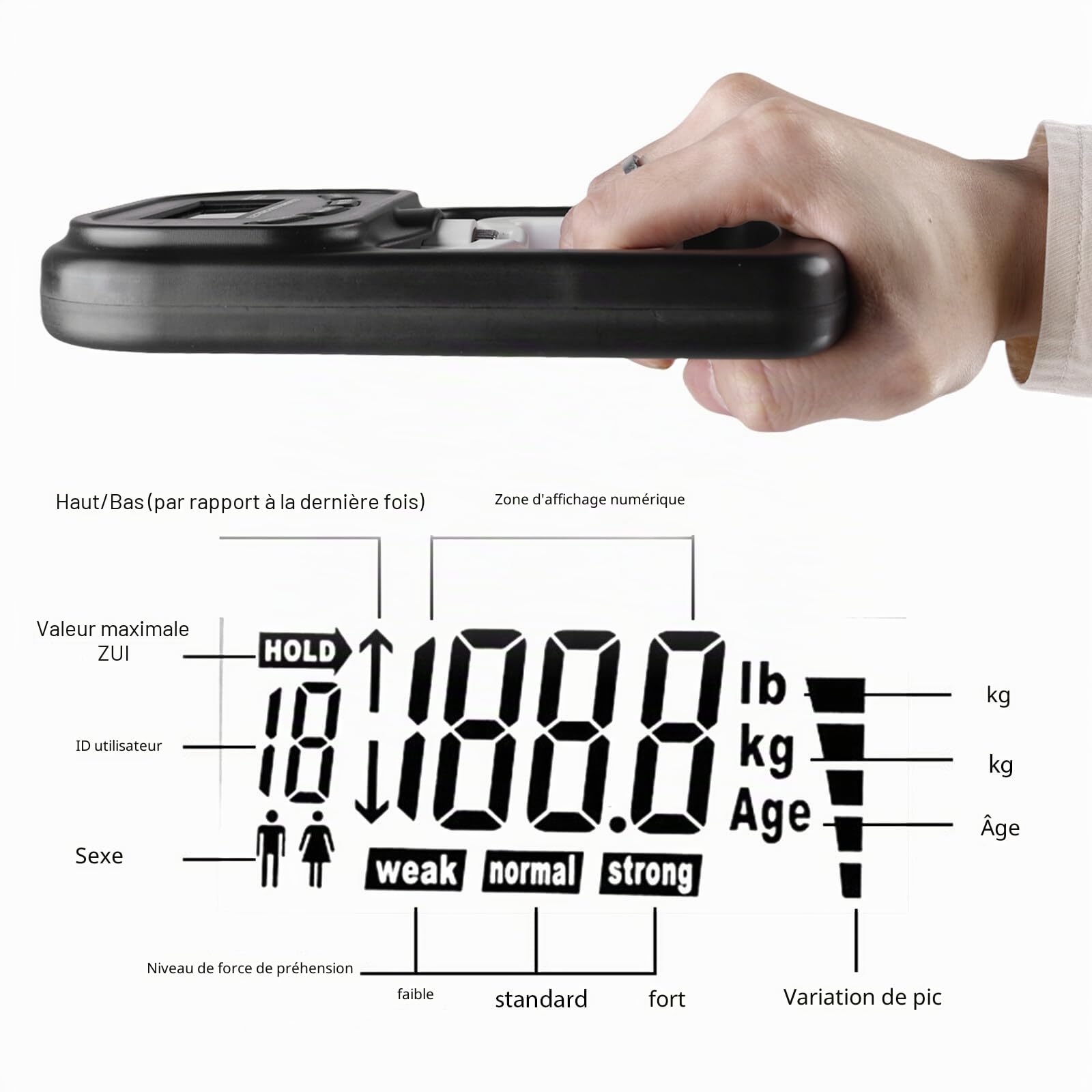 Dynamomètre numérique 180 kg appareil de mesure électronique écran LED entraînement USB intelligent et sensible (noir)