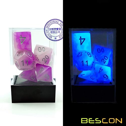 Miniatura 5 de Bescon Dados poliédricos brillantes de dos tonos 7pcs Set Amatista escarchada, Dados de RPG luminosos brillan en la oscuridad, DND Juego de rol