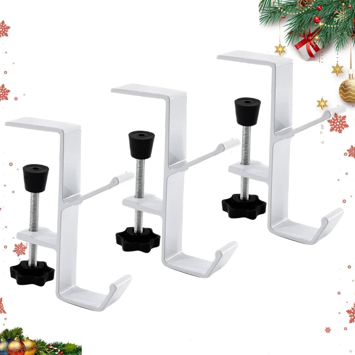 ALUNME 3 Pack Heavy Duty Desk Mount Clamp Hooks, Metal Clamp Hooks Under Desk Storage Rack for Home Office Kitchen, Christmas Stockings Holder on Mantle or Wall