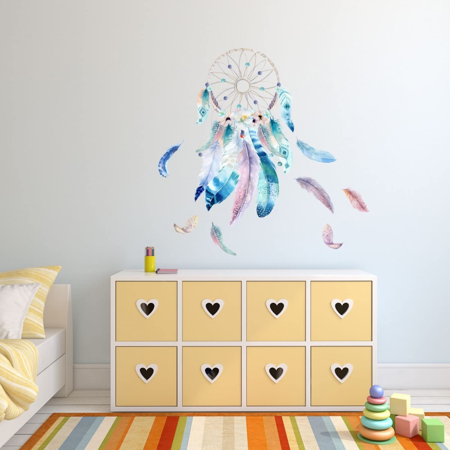nikima Schönes für Kinder 228 Wandtattoo Traumfänger blau mit Federn Pastell Aquarell Größe 1750 x 980 mm - in 6 Größen - Kinderzimmer Sticker Wandaufkleber Wandsticker Wanddeko Wandbild