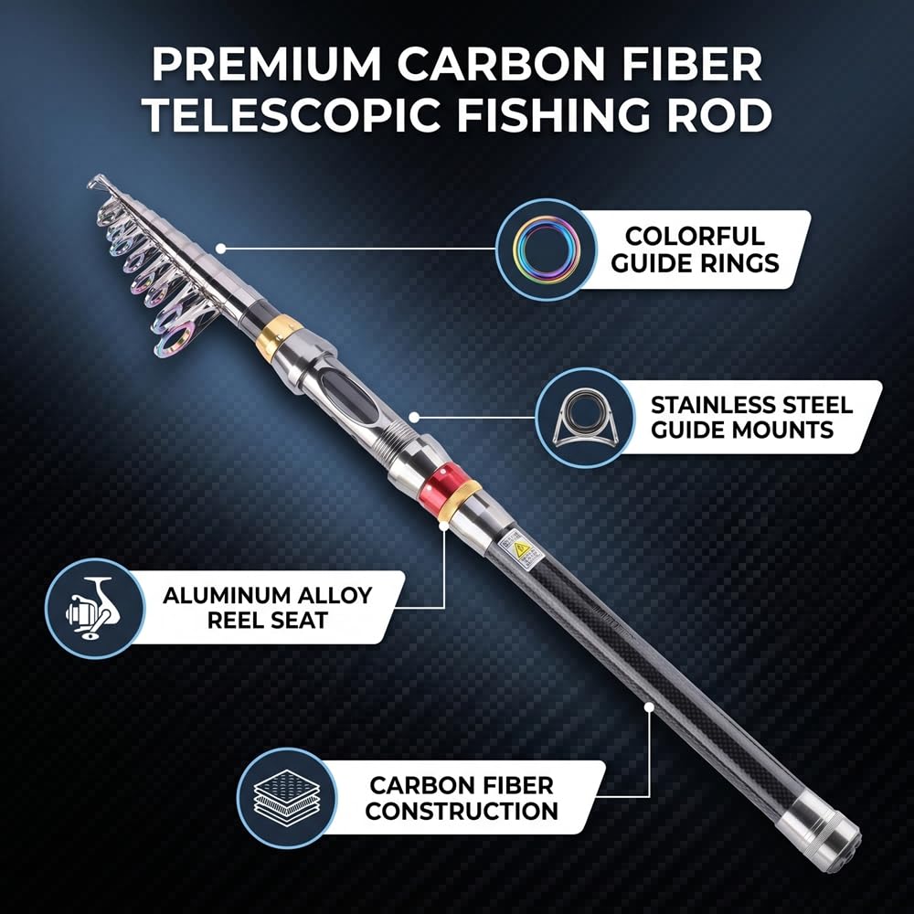 Cocoarm Caña de Pescar Telescópica Fibra de Carbono Portátil Super Light Pistol Grip Caña de Pescar Bass 2.1/2.7/3.0/3.6m para Viajes de Agua Salada Y Agua