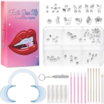 Jewelry Tooth Kit Teeth Jewelry Portable Crystal Tooth Jewelry Removable Teeth Decoration Tooth Beauty Tool White 6 Compartment Dental Drill Set Color Box Upgraded Edition, No Glue