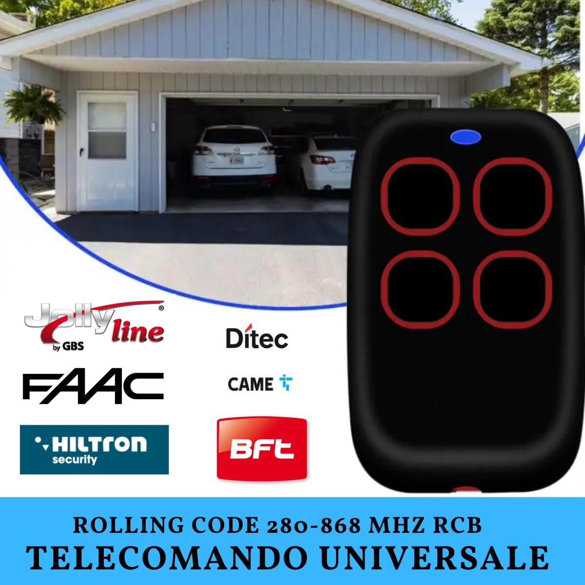 Telecomando Cancello Universali 4 in 1, Telecomando Rolling Code universale multifrequenza da 280 a 868mhz. Radiocomando Cancello programmabile Versione aggiornata con Lista compatibilità (Rosso)