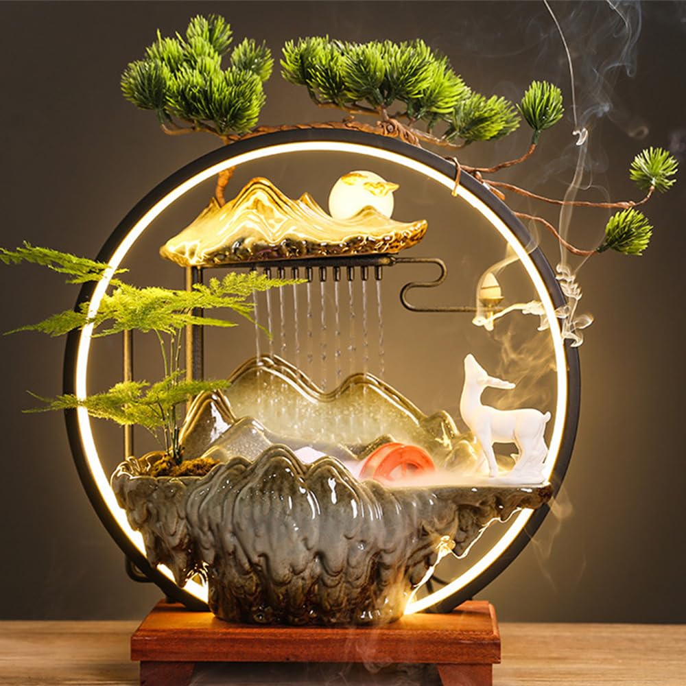 Fontaine de table d’intérieur, fontaine cascade décorative, en céramique, motif Bouddha, bonsaï, montagne, avec éclairage LED, effet brume, avec pompe à eau, style Zen, pour salon, bureau, espace