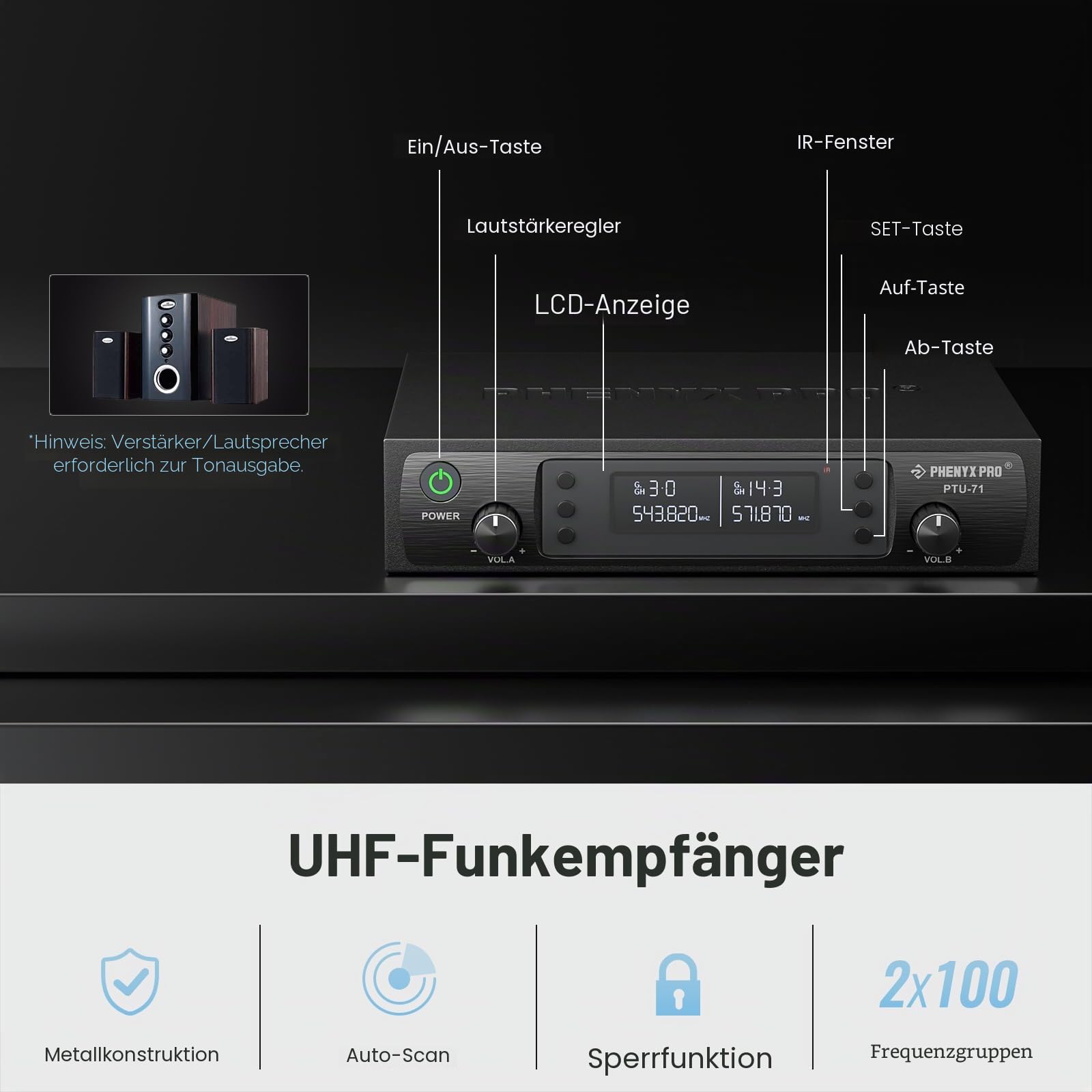 Phenyx Pro Funkmikrofon-System UHF Dual Auto Scan PTU-71-1H1B | Dynamisches Handmikrofon, Lavalier-/Headset-Mikrofon, 2 × 100 Frequenzen, 328 Fuß, Live-Gesang, Karaoke, Gottesdienste