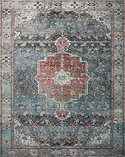 Loloi Margot Collection MAT-05 Ocean/Brick 2'-6" x 9'-6" Runner Rug, No-Shed Easy Clean Large Patterned Area Rug for Living Room, Bedroom, Dining Area