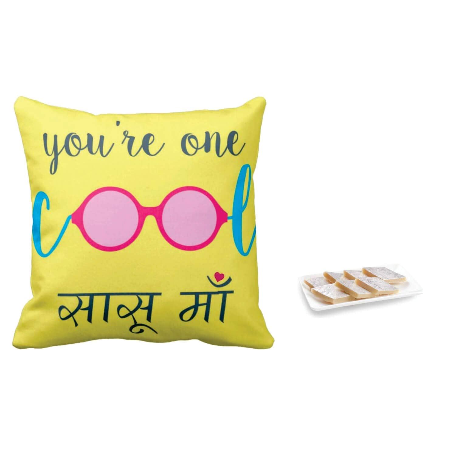 yaya cafe birthday gifts mother in law printed cool sasu maa cushion cover 24 x 24 inches with 500 gm kaju katli sweets giftss combo