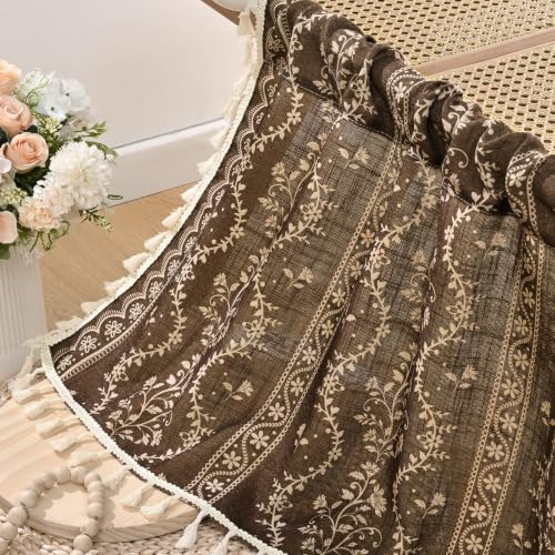 Image of Yinhua Boho Valance Curtains Vintage Linen Kitchen Valances for Windows Light Filtering Bohemian Floral Valance Rod Pocket Tassel Window Valances for Bathroom Cafe, 52 inch W X 18 inch L, Brown