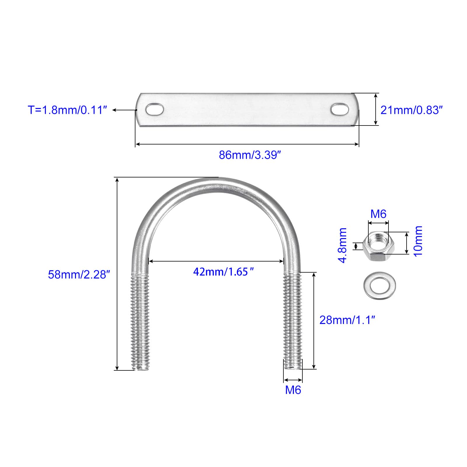 MACHSWON Round U-Bolt,2 Set 304 Stainless Steel M6 U Bolts 42mm(1.65") Inner Width 58mm Length with Nuts and Frame Plate for Automobiles Boat Trailer - Image 2