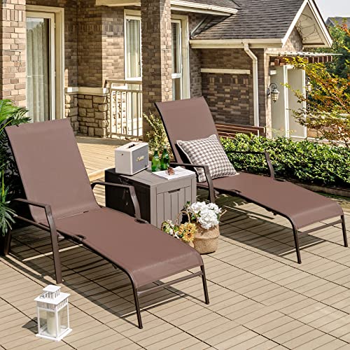 Giantex Set Of 2 Outdoor Chaise Lounge Chair, Patio Stack-Able Folding Lounger With 5-Level Adjustable Backrest, Steel Frame, Outside Recliner For Poolside, Backyard Sunbathing Chair (2, Brown) #TOP3