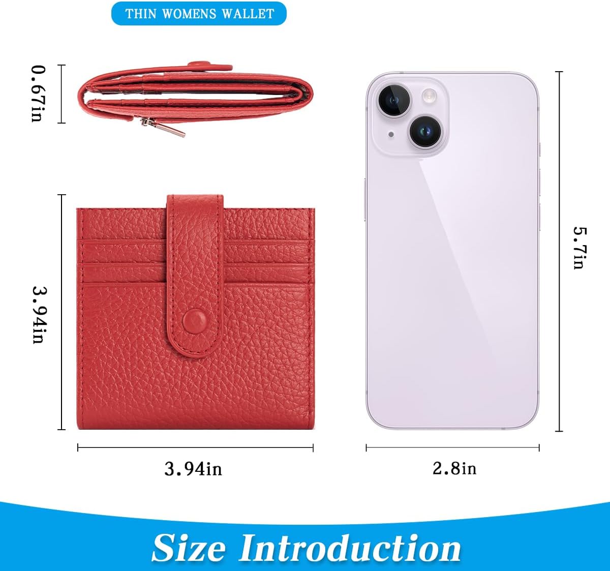 Slim Wallet For Women Genuine Leather Small Bifold Credit Card Holder Wallet With Zipper Coin Pouch ID Window,Red - Image 3