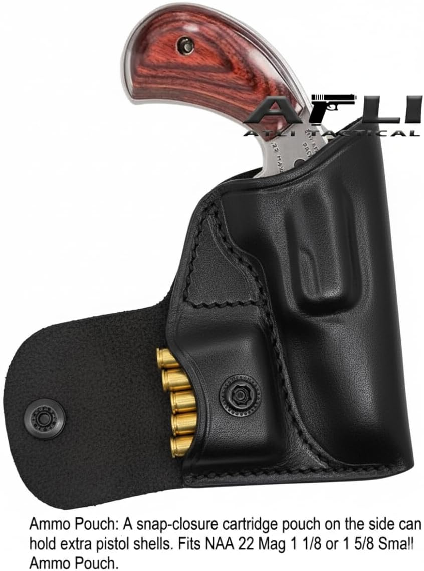 OWB NAA 22 Mag Holster Leather - Fits NAA 22 Mag 1 1/8 or 1 5/8 Small Ammo Pouch - North American Arms 22LR Pocket Holsters - SM-1 Naa Pug Mini Revolver Holster