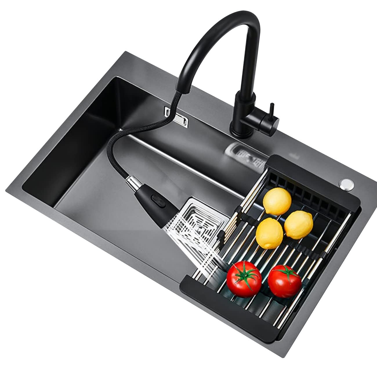 LMYSXAOZ Single Bowl Hotel Kitchen Sink Black Stainless Steel Handmade Built-in Countertop Siphon With Faucet (Color : Black, Size 60 * 45cm)