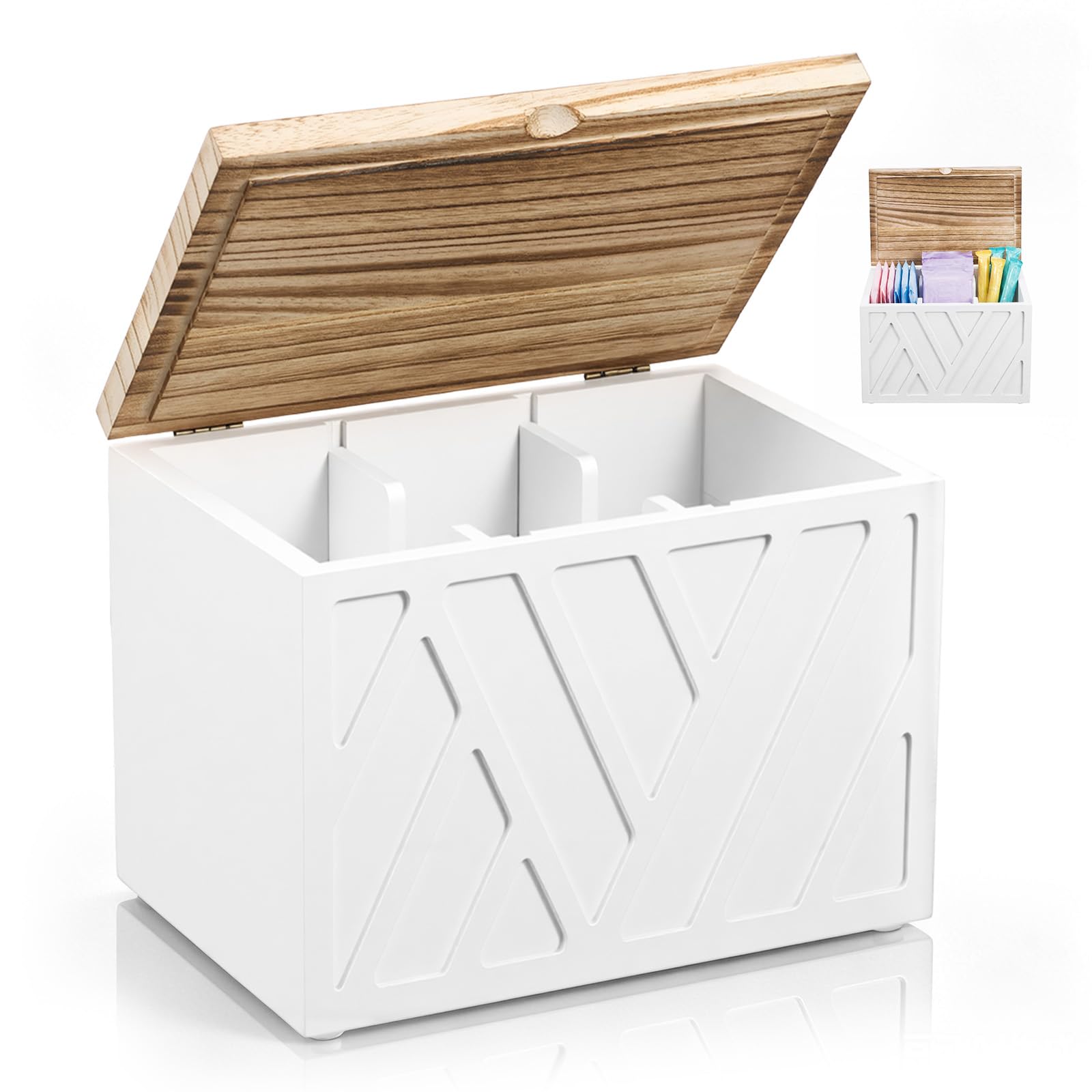 WAMEITF Tampon Holder for Bathroom,Wood Feminine Product Organizer with Lid and 3 Compartments,Pad Container Box and Tampon Organizer for Toilet Bathroom Accessories(White)