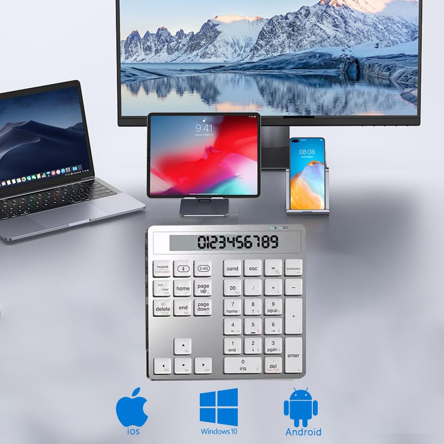 JOMAA K1005 keypad connected to a laptop, tablet, and smartphone, demonstrating multi-system compatibility with iOS, Windows, and Android logos.