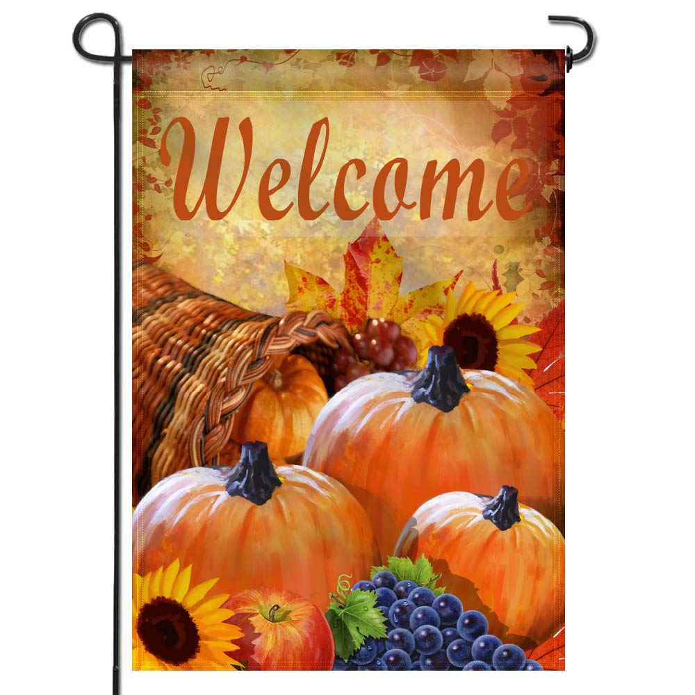ANLEY Garden Flag Pumpkin in Cornucopia - Decorative Autumn Welcome Garden Flags - Double Sided & Weather Resistant & Double Stitched - 18 X 12.5 Inches