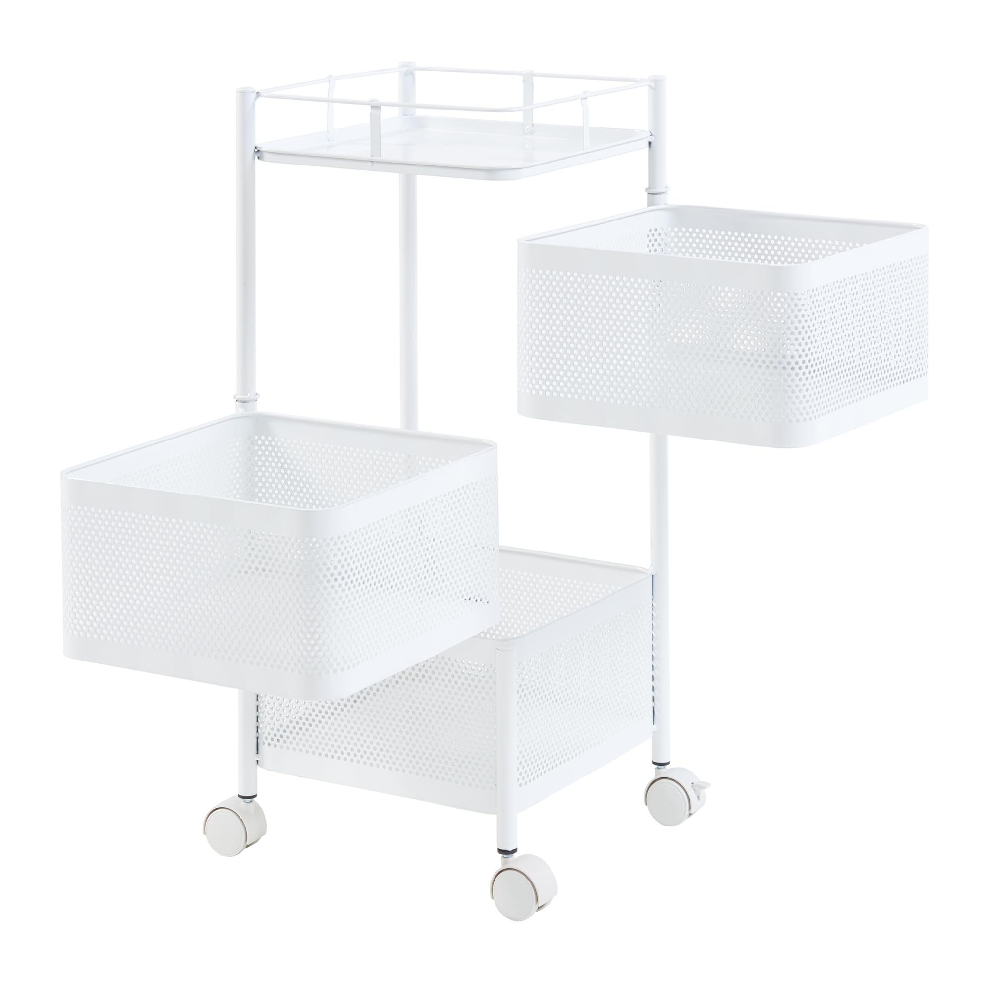 [en.casa] Rollwagen Sunndal mit 3 Ebenen mehrlagiges Küchenregal mit Rädern Servierwagen aus Stahl ausklappbare Körbe Regal für Küche, Bad 64,5x27x27cm Weiß