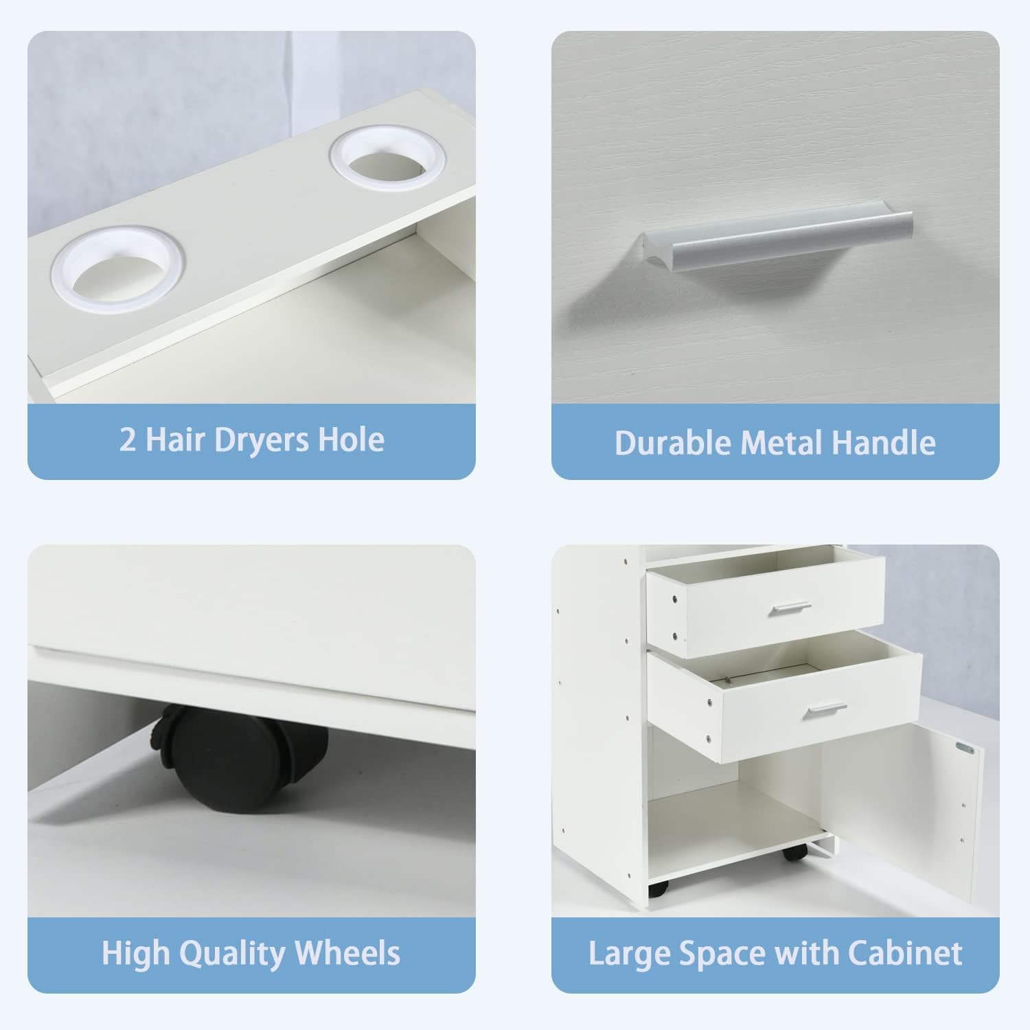 4ever2buy Salon Station for Hair Stylist, White Beauty Barber Station, Salon Trolley Cart with Wheels, Mobile Organizer for Salon, Spa, Barbershop, Nail & Beauty Tools, White