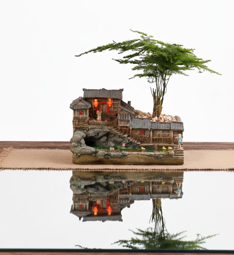 "Miniature Chinese Village Rockery Landscape with Live Asparagus Fern & LED Lights-image-45
