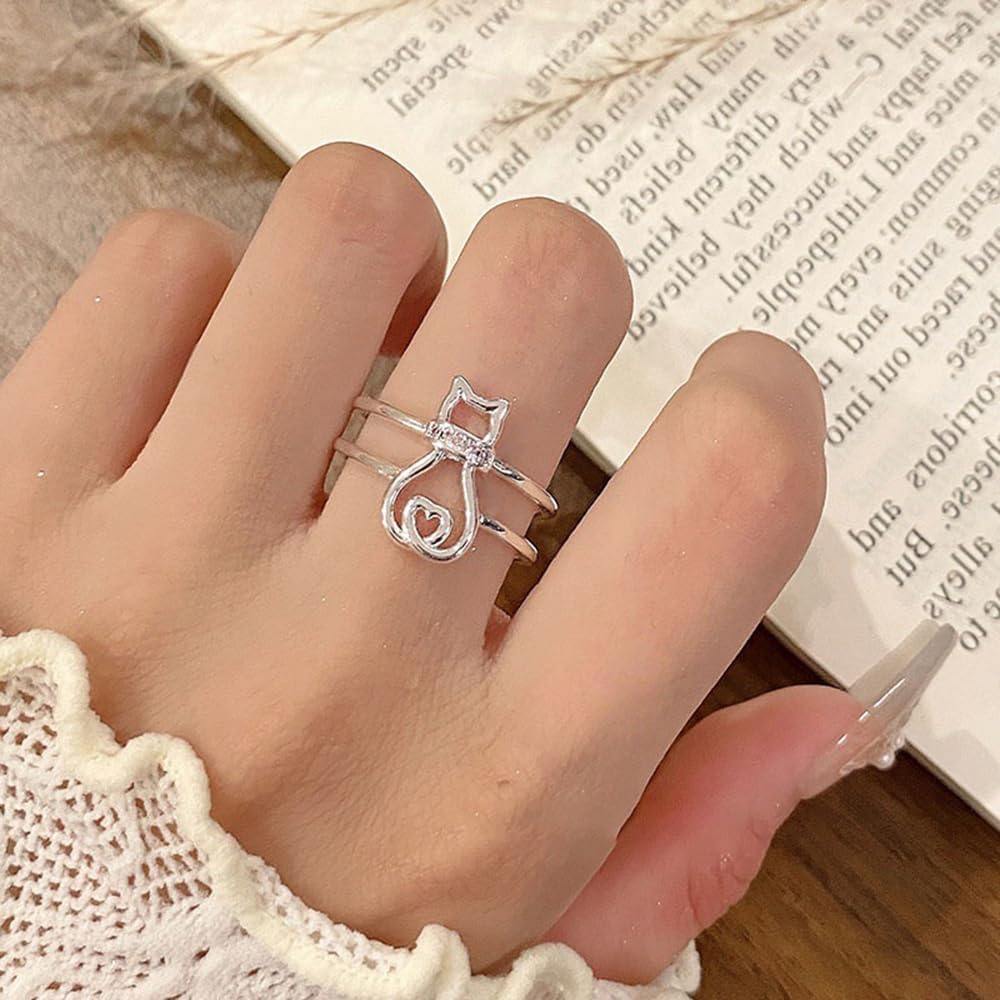 Delicate Cat Rings for Women Pink Cubic Zirconia Crystal Cute Kitten Animal Stackable Open Band Silver Plated Dainty Adjustable Stacking Ring Engagement Promise Statement Jewelry for Cat Pet Lovers - Image 2