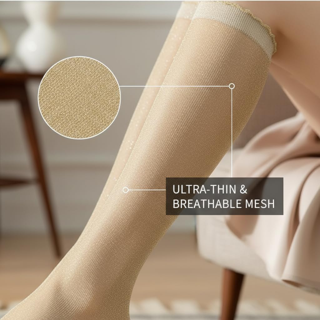 Women Knee High Sparkly Socks Sheer Metallic Silk Stockings Thin Breathable Glitter Calf Socks Dress Wear