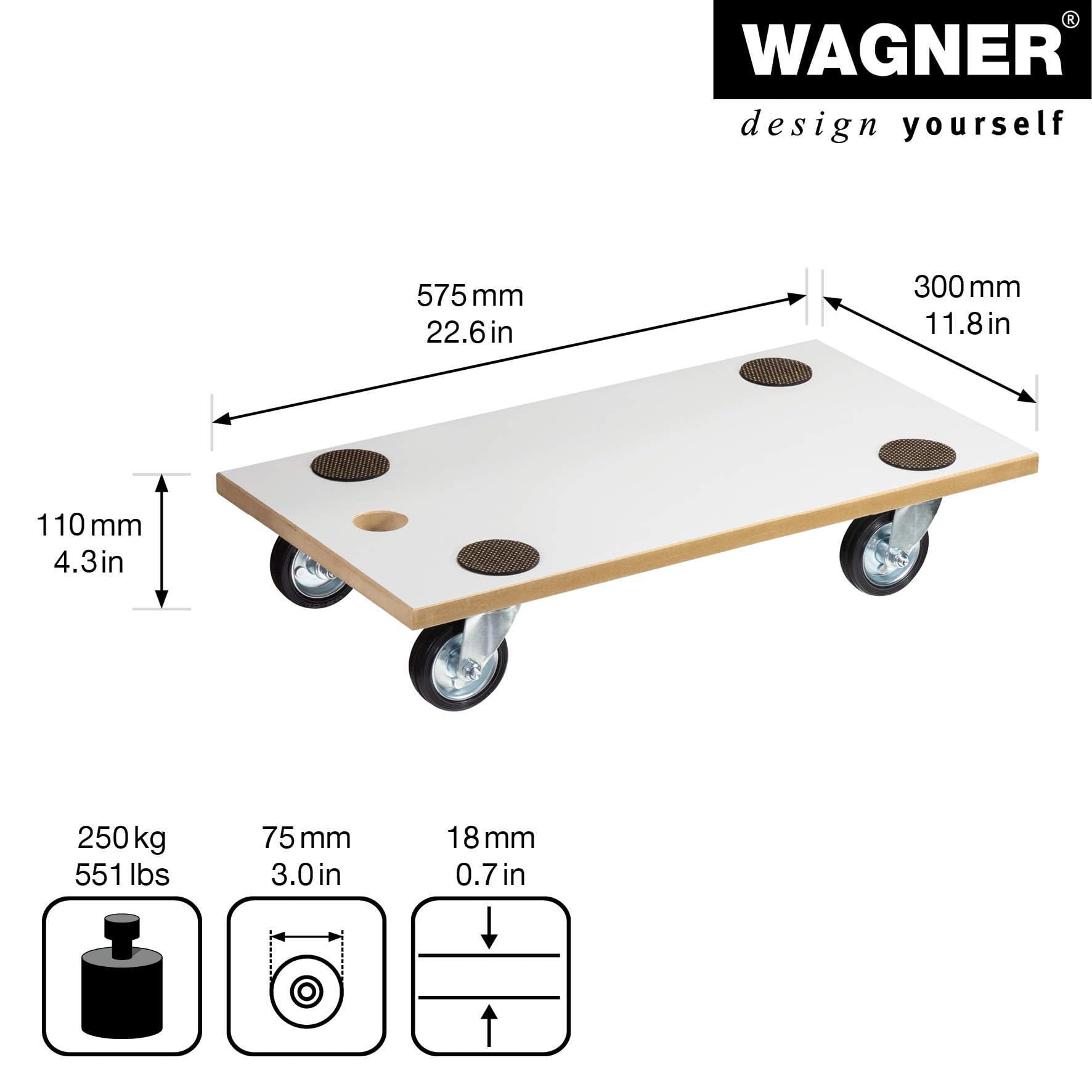 WAGNER Carrello da trasporto MM 1316 I 57,5 x 30 cm I ruote in gomma piena silenziose I cuscinetti antiscivolo I rivestimento speciale I portata 250 kg I facile da pulire I robusto - 20131601