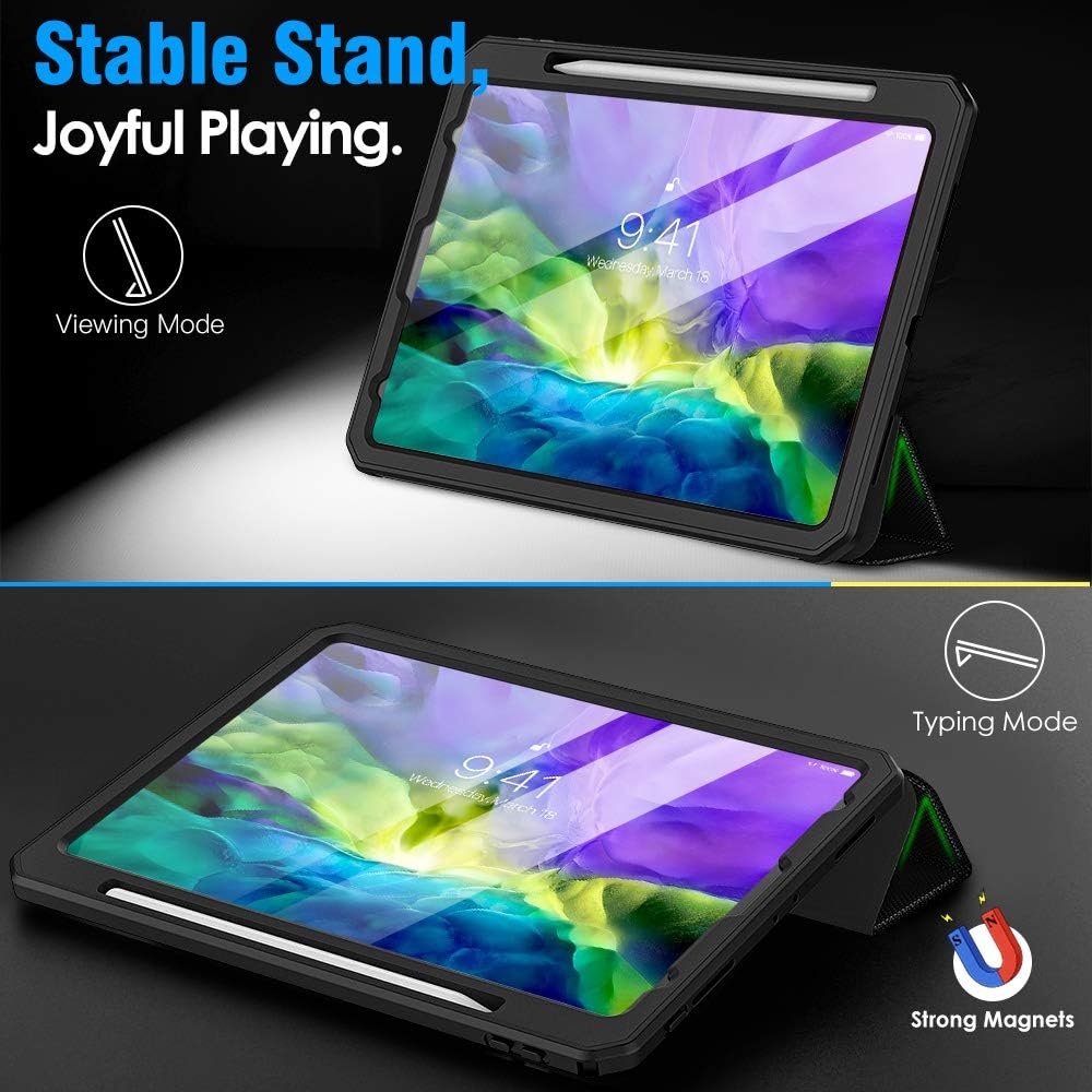 TOP оƒƒERS Dadanism Full-Body Case for iPad Pro 11 2020 with Pencil Holder (11 inch), [Built-in Screen Protector] [Support Apple Pencil Charging] Heavy Duty Shockproof Protective Cover, Auto Sleep/Wake - Black