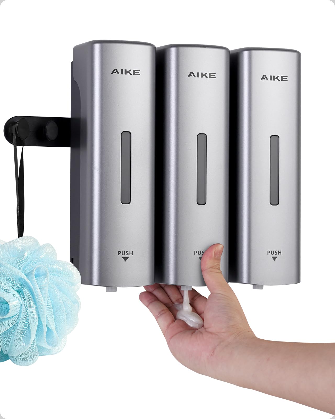 AIKE EasyPush Dispensador De Ducha, Montaje De Pared Sin Taladro para Champú & Acondicionador, Ahorra Espacio, Triple