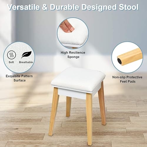 Miniatura 7 de LUARANE - Juego de tocador de tocador, tocador de madera con espejo abatible y taburete acolchado, aplicación multifuncional para dormitorio, baño