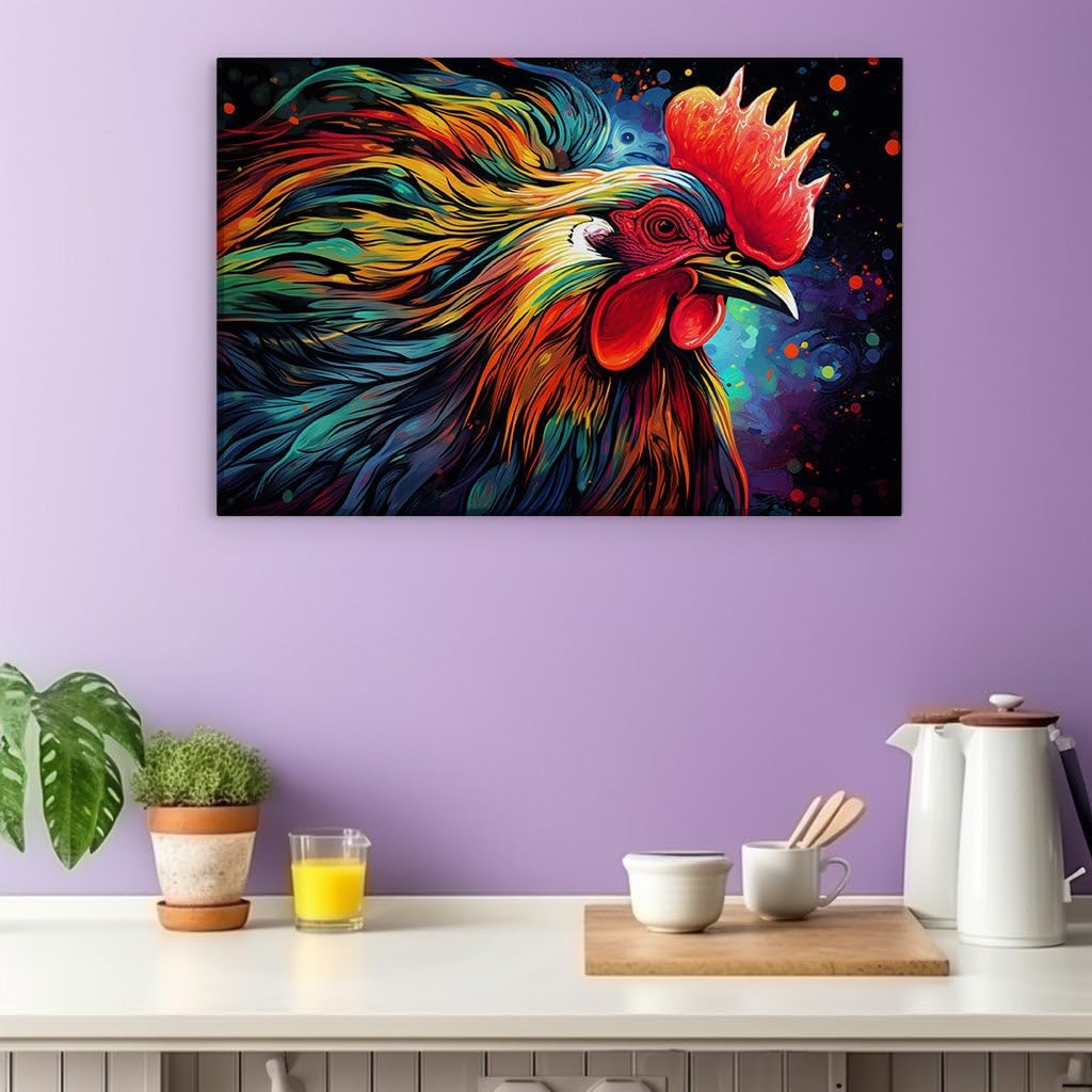 Canvas for Living room. A Symphony of Colors: The Vivid Digital Rooster Against the Night, 27 x 18 inch Canvas Wall Art - Ready to Hang