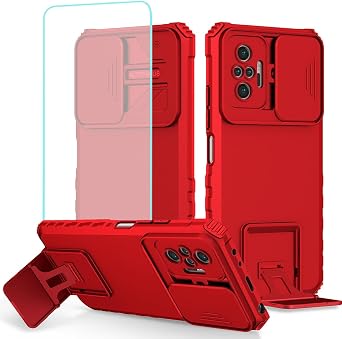 Case for Redmi Note 10 Pro/Redmi Note 10 Pro Max Case with Tempered Glass Screen Protector and Slide Camera Cover, Heavy Duty Kickstand Protective Phone Cover for Xiaomi Redmi Note 10 Pro Red