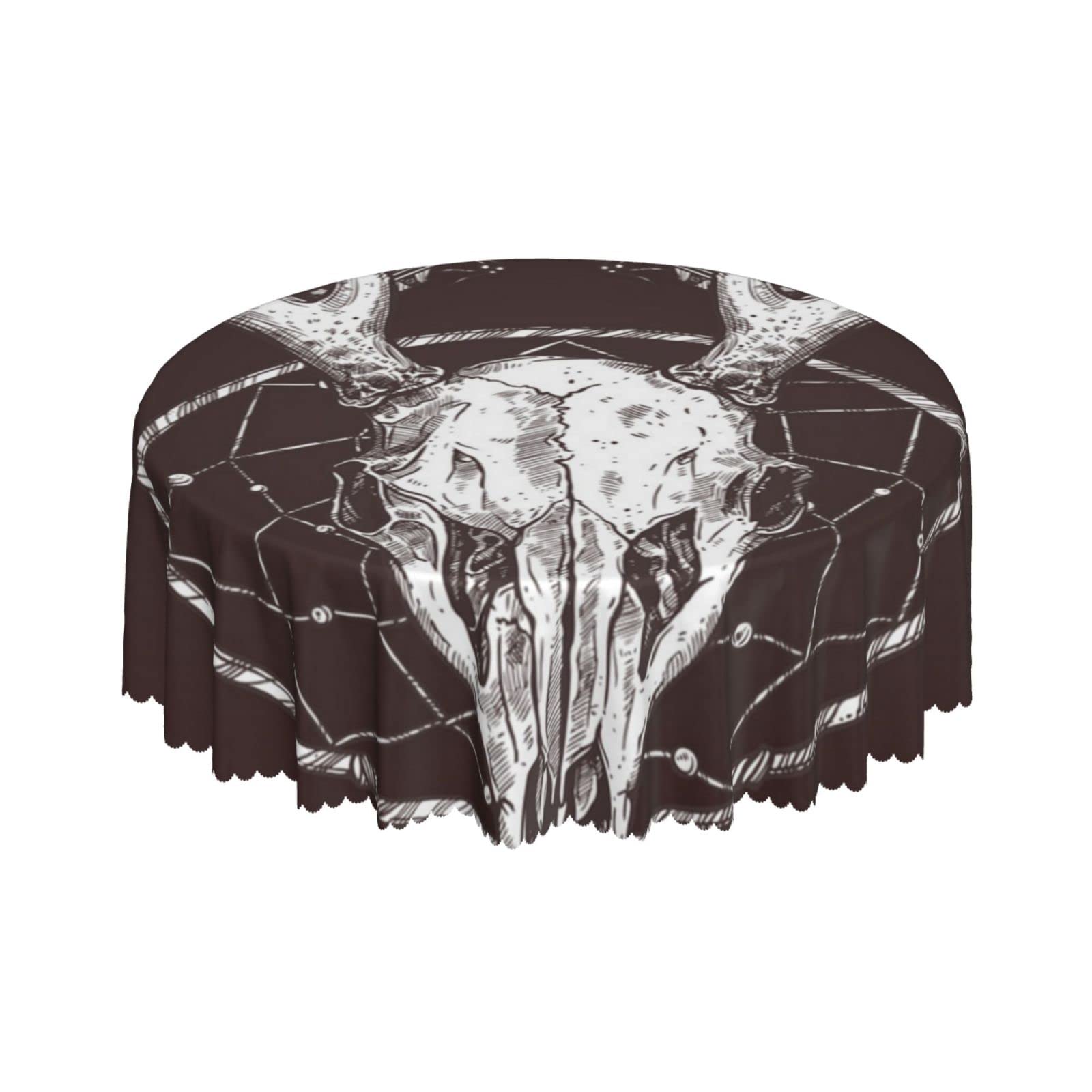 Lsjuee Deer Skull Dreamcatcher Round Tablecloth 60 Inch Printed Washable Tablecloth for Dining Party Holiday Fall Home Decorative
