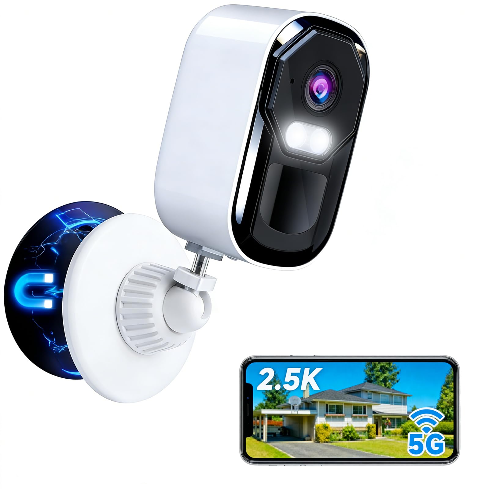 JAIOTlink Security Cameras Wireless Outdoor, 2.5K Battery Camera, 2.4G/5GHz WiFi, Spotlight & Siren Alarm, Color Night Vision, AI Motion Detection, Waterproof, Magnetic Mount, Compatible with Alexa