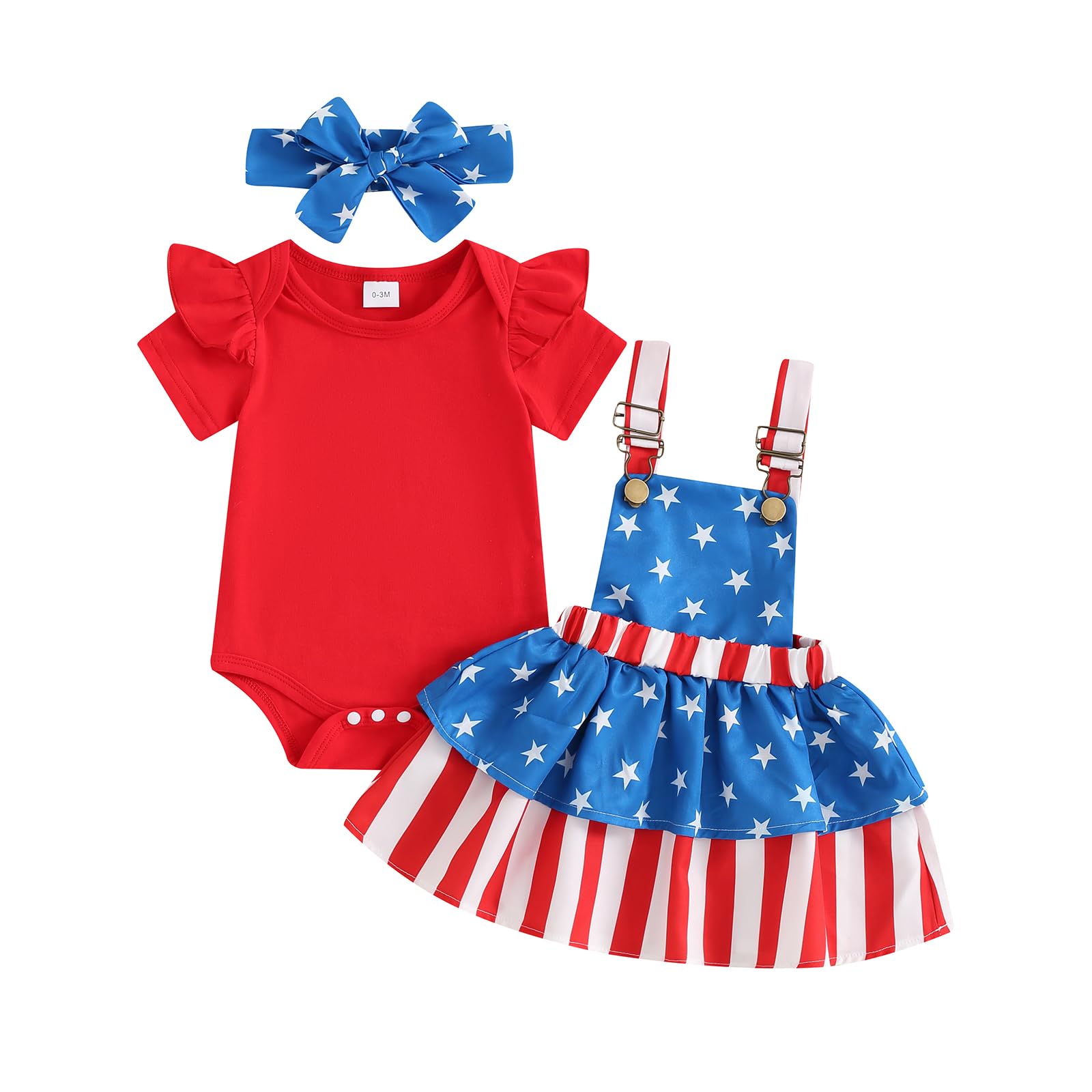 4th of July Baby Girl Outfits American Flag Clothes Ruffle Sleeve Romper Star Stripe Suspender Skirt Overalls Dress (Striped Red, 0-3 Months)