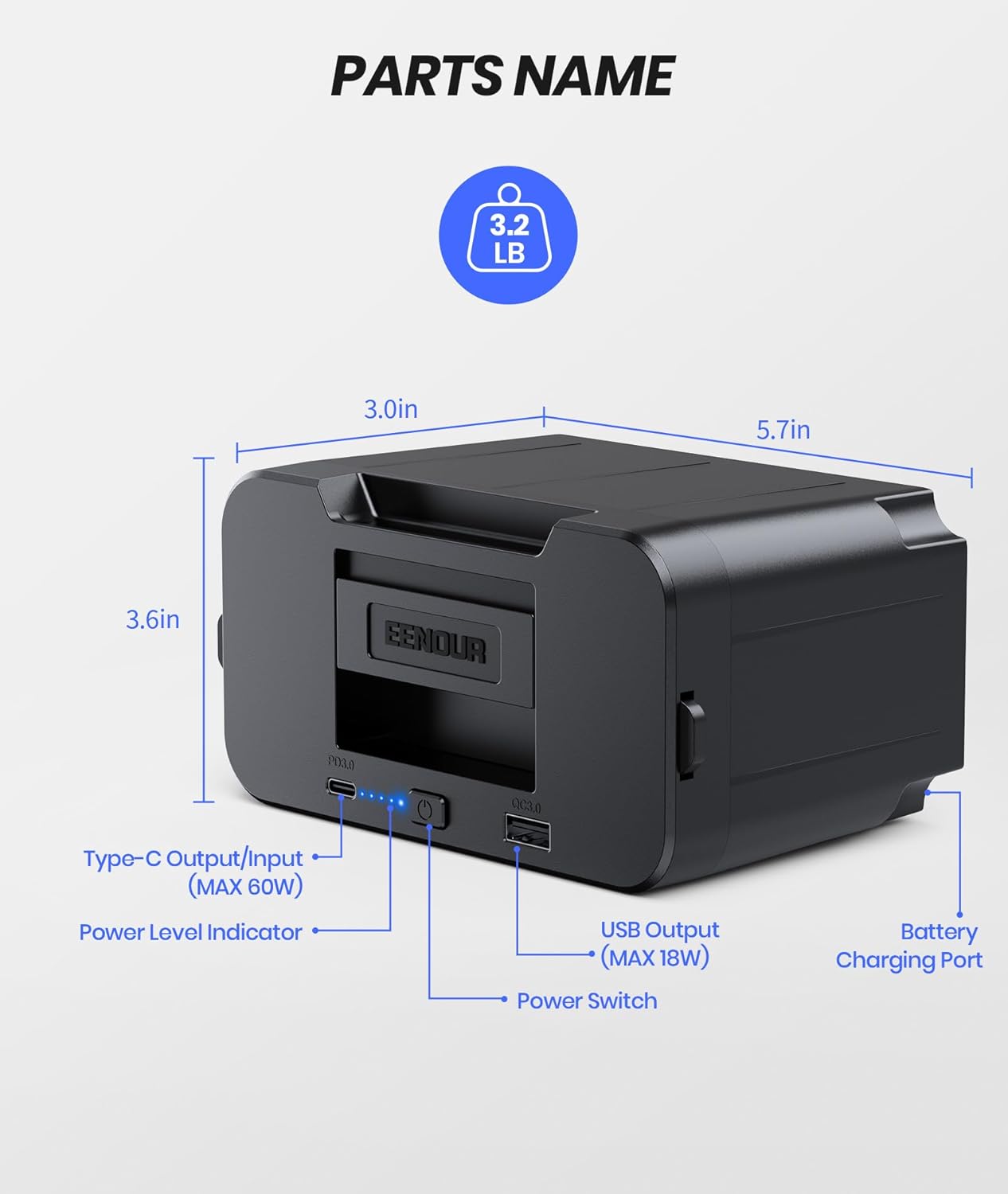 Diagram of the DB01 battery with dimensions and labels for Type-C Output/Input, Power Level Indicator, Power Switch, USB Output, and Battery Charging Port.