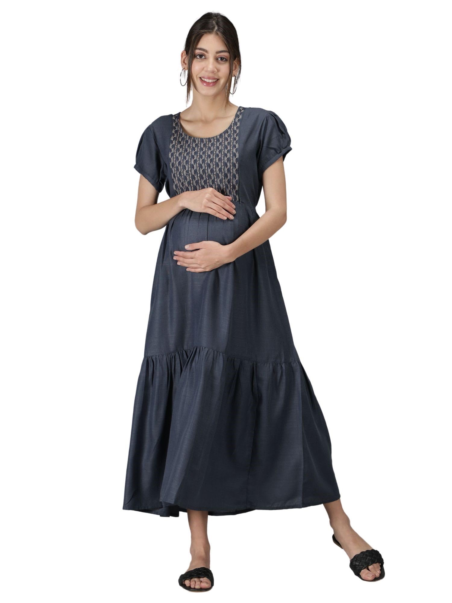 nightspree Women's Cotton Round Neck Half Sleeves Maternity Dress Feeding Kurti with Zipper (1307-MD)-picture-28