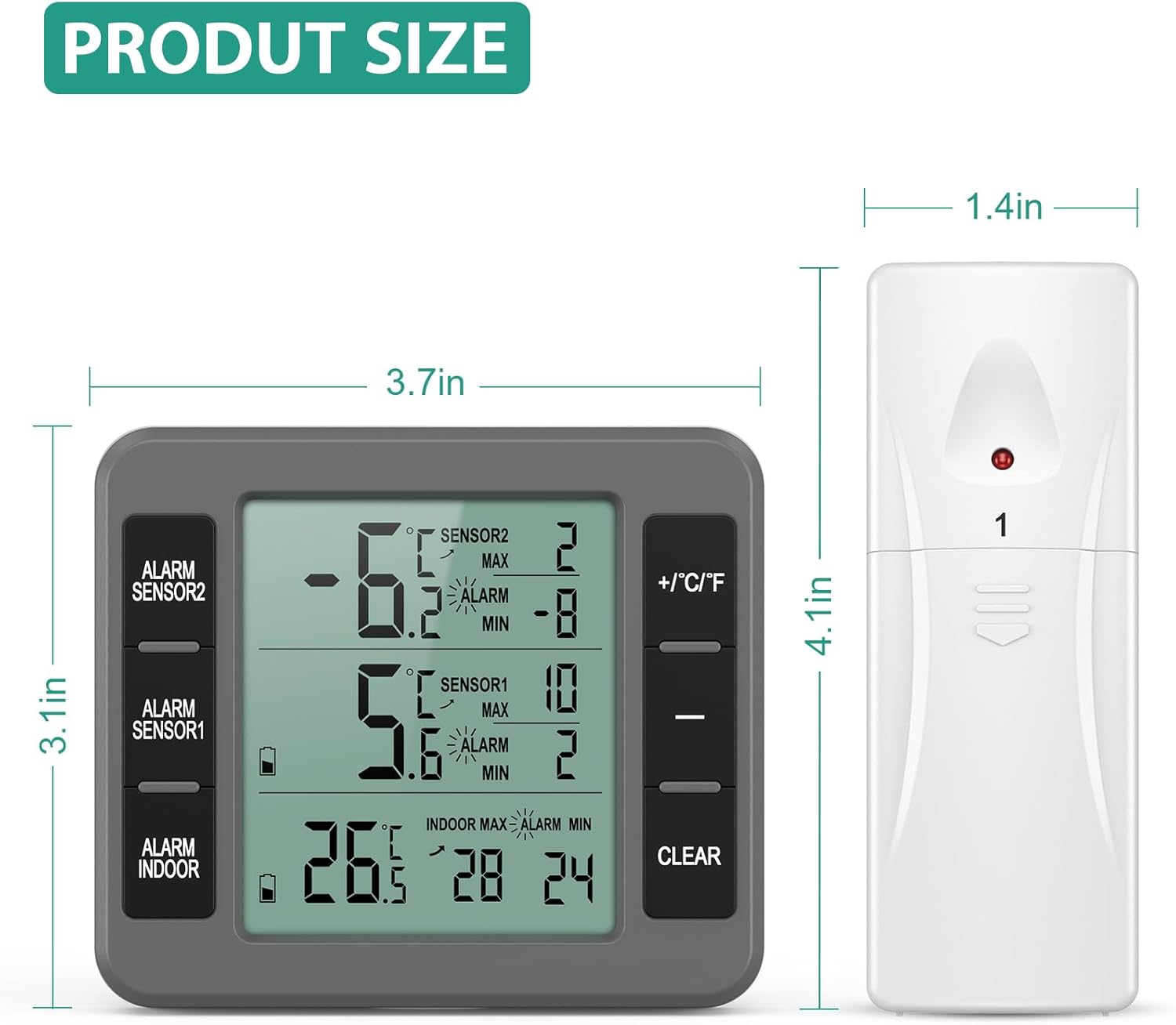 Contents of ORIA Refrigerator Thermometer package including main unit, two sensors, and user manual.